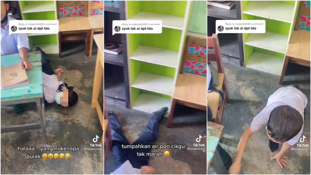 Video Murid tumpahkan air baring atas lantai kelas tiktok guru pujuk bangun terhibur lihat gelagat